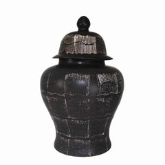 Ceramic Frame Temple Shape Lidded Jar, Antique Black By Benzara