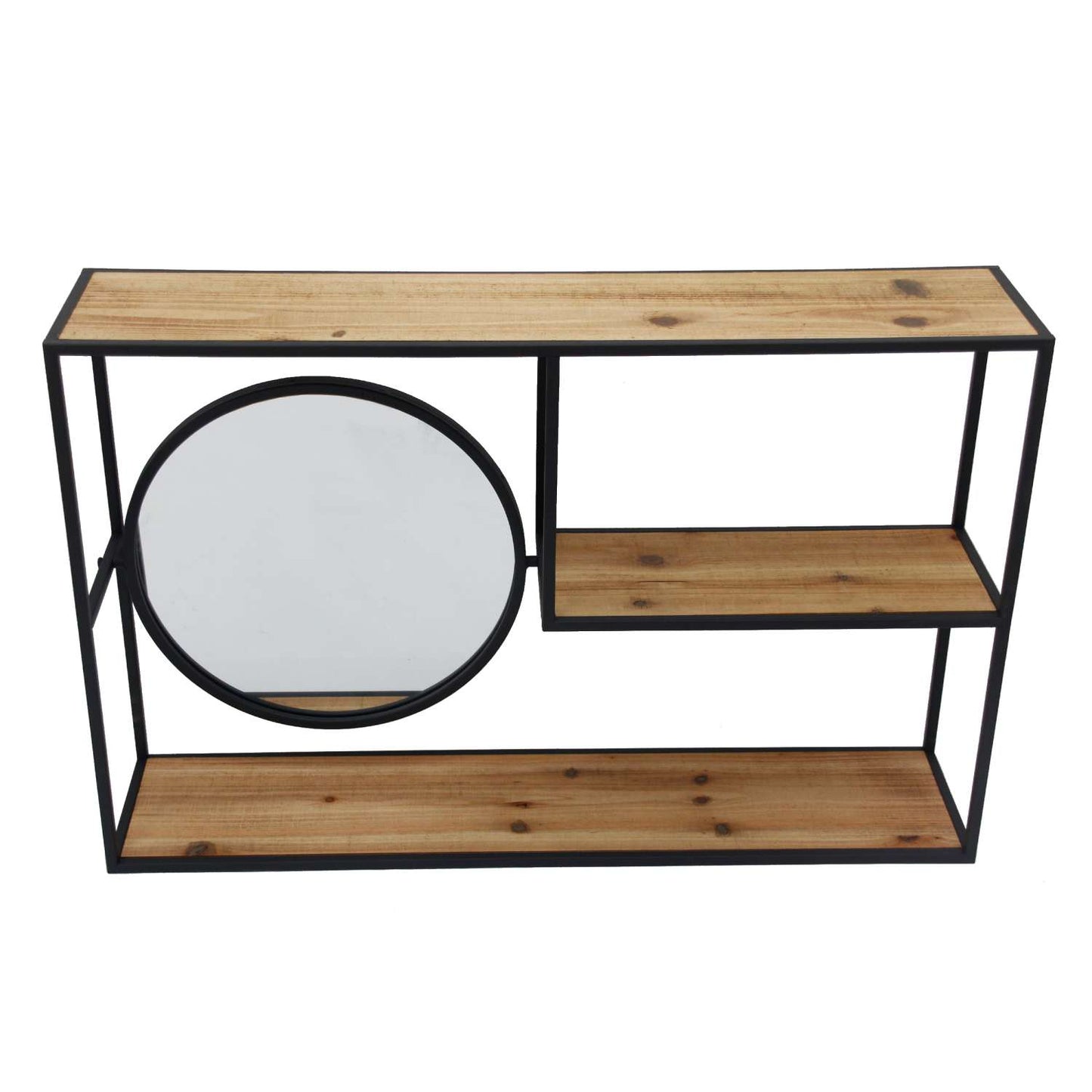 Metal Wall Storage With 3 Wooden Shelves And Round Mirror, Brown And Black By Benzara | Wall Shelf |  Modishstore 