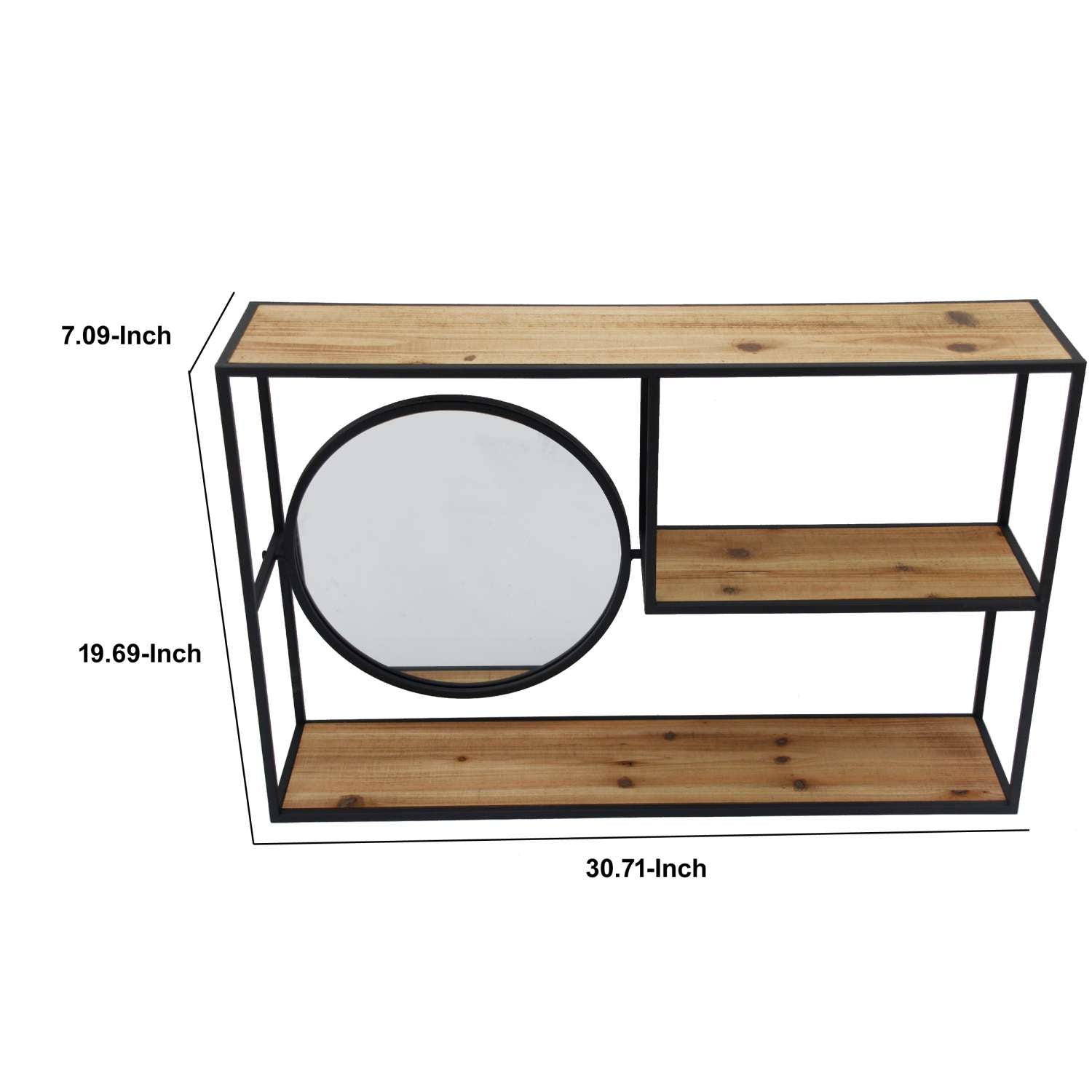 Metal Wall Storage With 3 Wooden Shelves And Round Mirror, Brown And Black By Benzara | Wall Shelf |  Modishstore  - 2