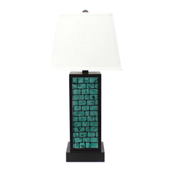 Rectangular Metal Frame Table Lamp With Brick Pattern, White And Blue By Benzara