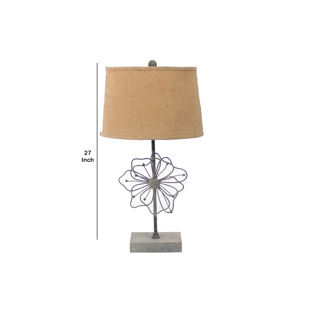 Metal Table Lamp With Flower Accent And Block Base,Beige And Gray By Benzara | Table Lamps |  Modishstore  - 2