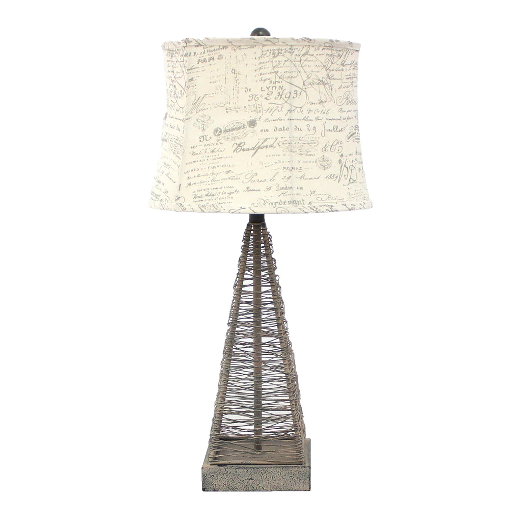 Metal Pyramid Base Table Lamp With Wire Design And Scripted Shade, Gray By Benzara | Table Lamps |  Modishstore 