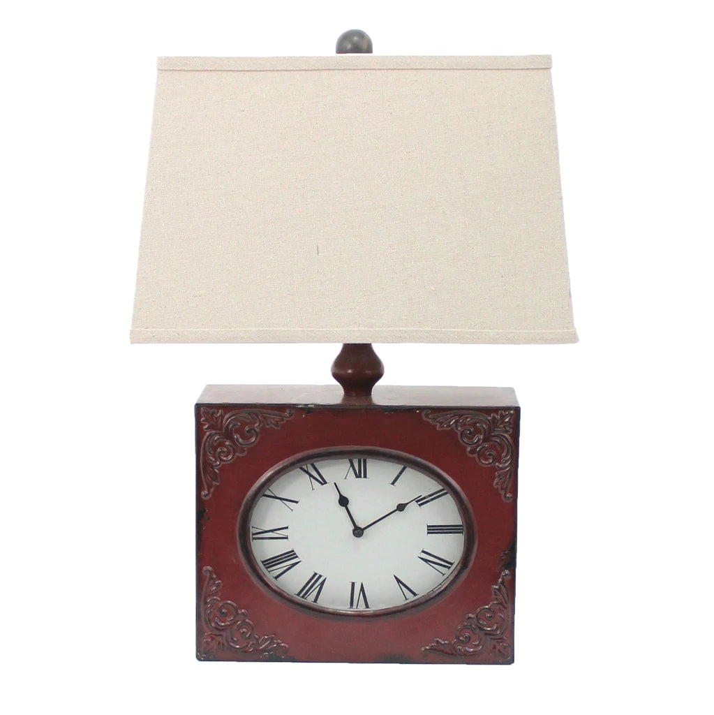 Clock Design Metal Table Lamp With Tapered Shade, Red And Beige By Benzara | Table Lamps |  Modishstore 