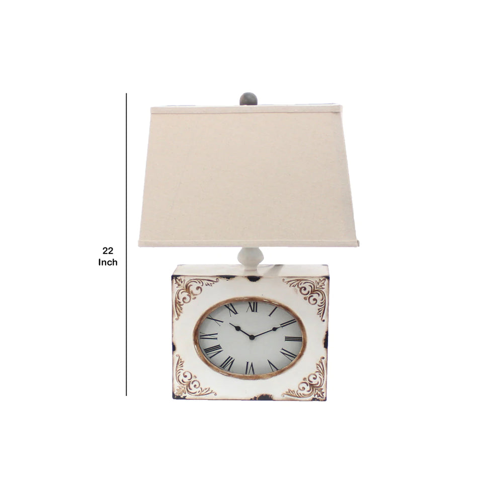 Clock Design Metal Table Lamp With Tapered Shade,White And Beige By Benzara | Table Lamps |  Modishstore  - 2