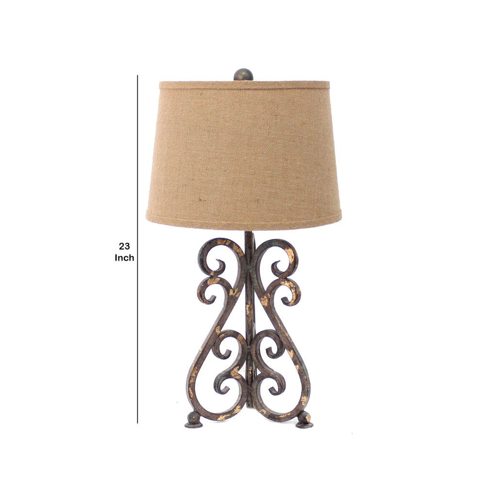 Metal Table Lamp With Scroll Design Base And 2 Way Switch,Bronze And Beige By Benzara | Table Lamps |  Modishstore  - 2