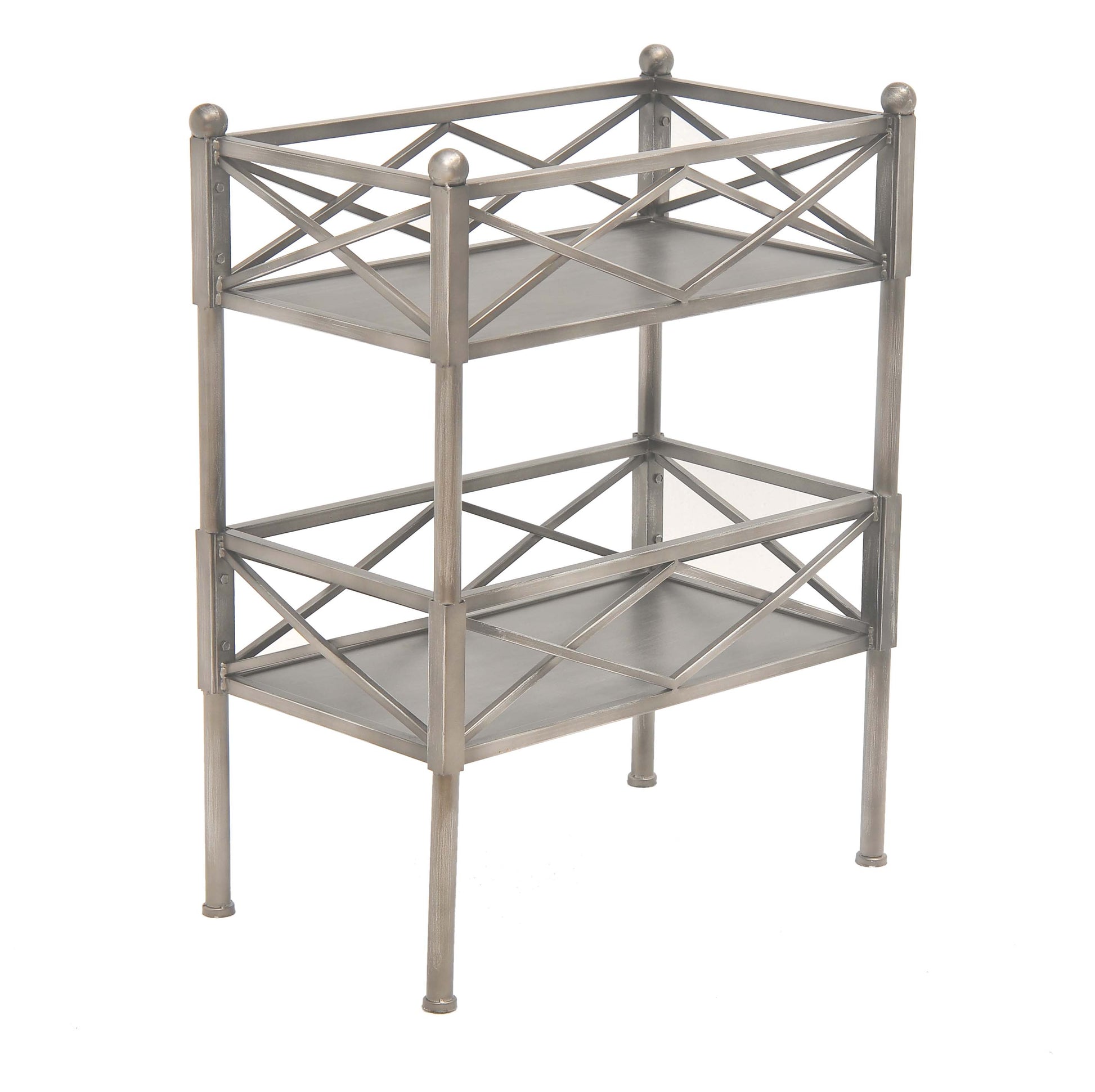2 Tier Metal Frame Storage Shelf With Geometric Details, Silver By Benzara | Shelves & Shelving Units |  Modishstore 