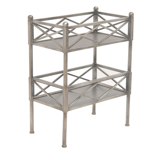 2 Tier Metal Frame Storage Shelf With Geometric Details, Silver By Benzara | Shelves & Shelving Units |  Modishstore 