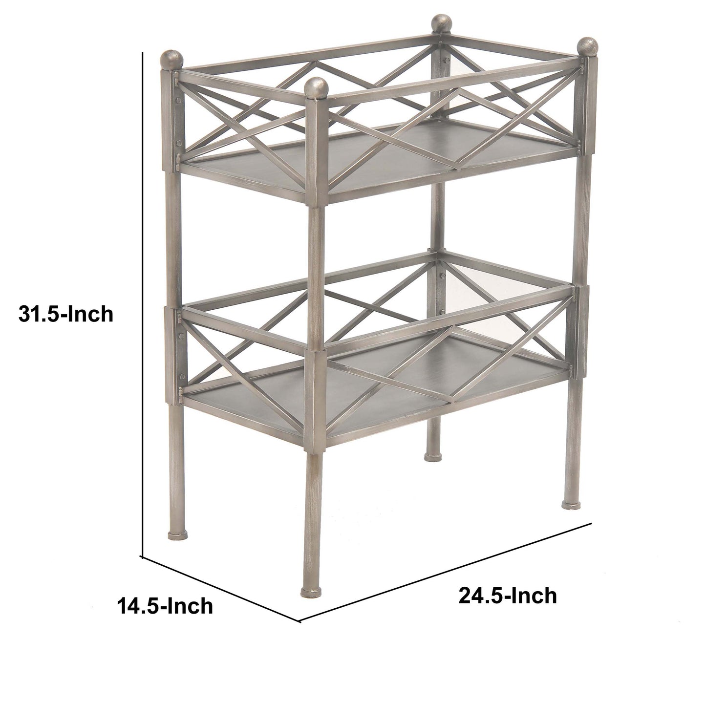 2 Tier Metal Frame Storage Shelf With Geometric Details, Silver By Benzara | Shelves & Shelving Units |  Modishstore  - 4
