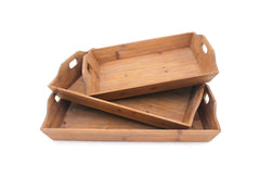 Rectangular Wooden Serving Tray With Cut Out Handles, Set Of 3, Brown By Benzara