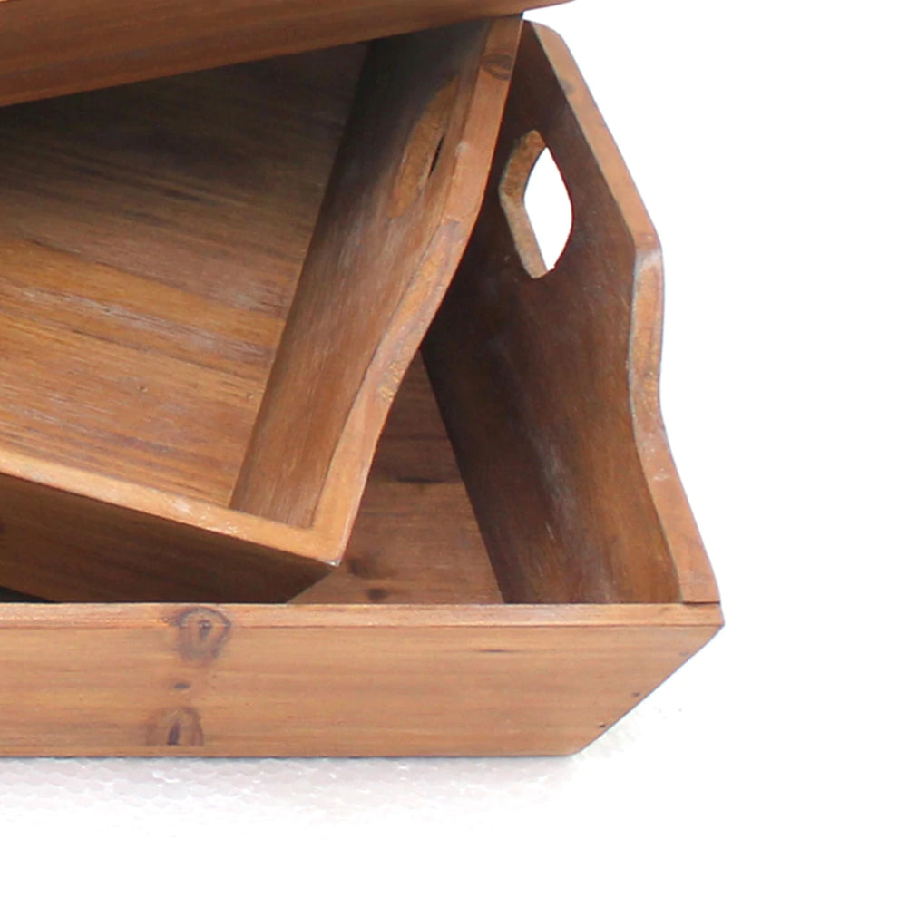 Rectangular Wooden Serving Tray With Cut Out Handles, Set Of 3, Brown By Benzara | Trays & Pedestals |  Modishstore  - 2