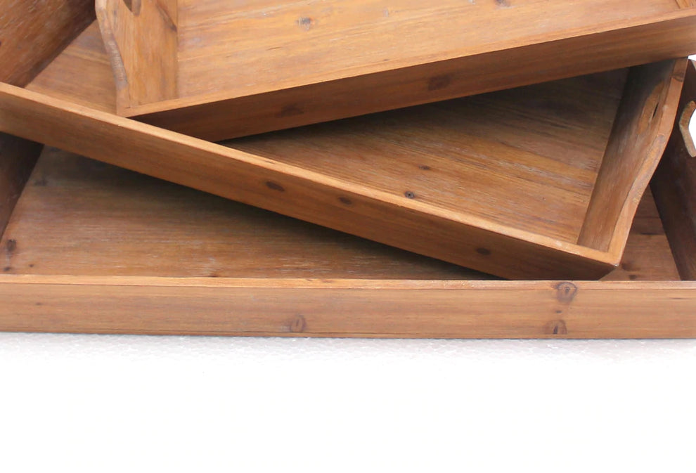 Rectangular Wooden Serving Tray With Cut Out Handles, Set Of 3, Brown By Benzara | Trays & Pedestals |  Modishstore  - 4