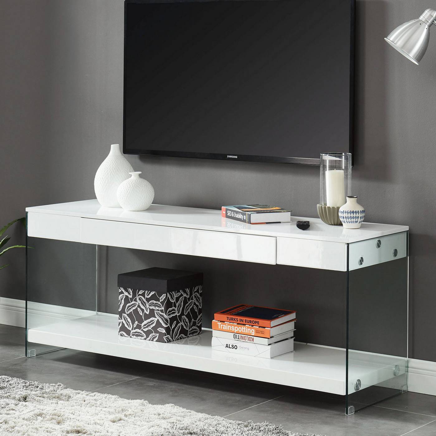 Contemporary Style Plastic Tv Stand With Glass Side Panels, White By Benzara | TV Stands |  Modishstore 
