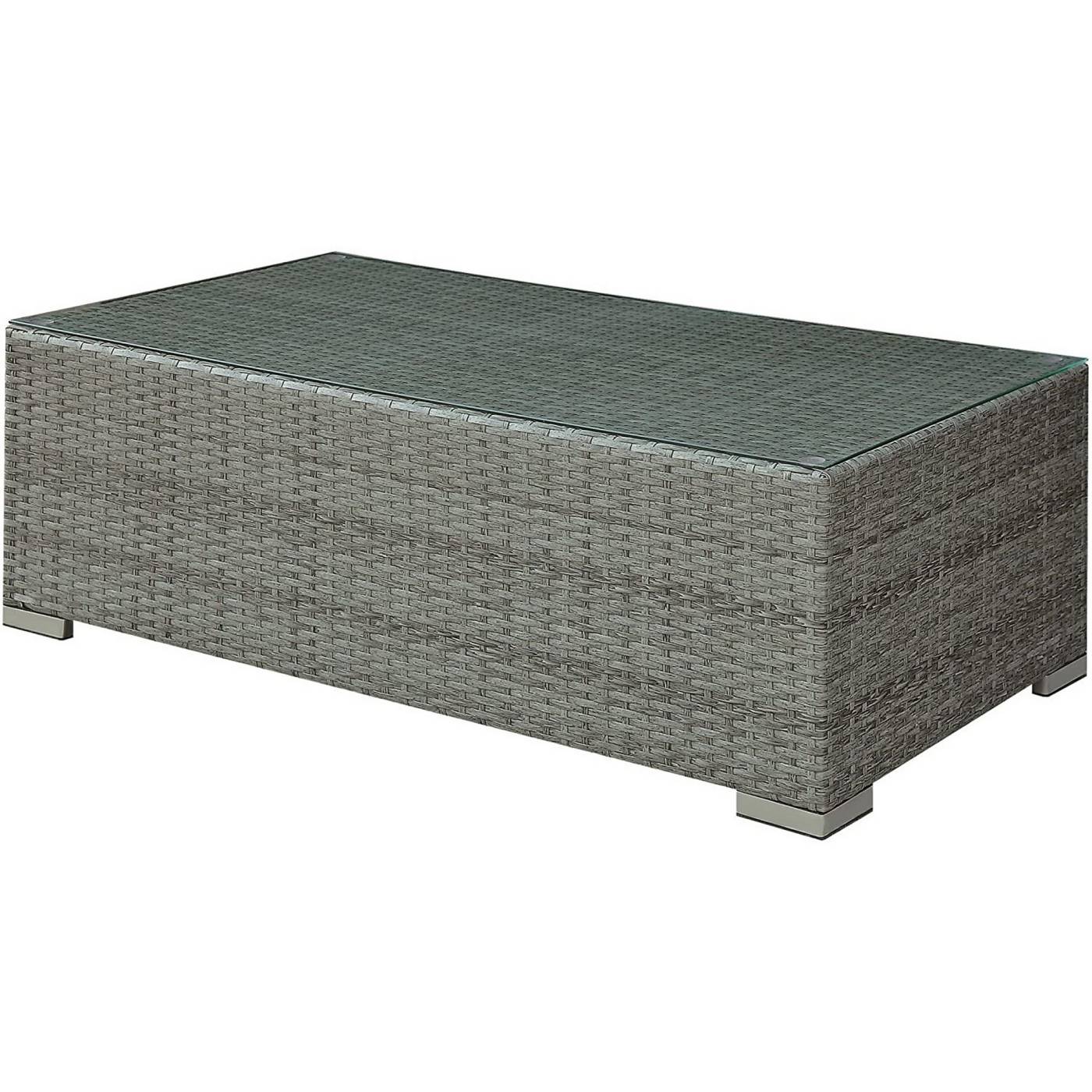 Woven Wicker Rectangular Coffee Table With Tempered Glass Tabletop, Gray By Benzara | Coffee Tables |  Modishstore 