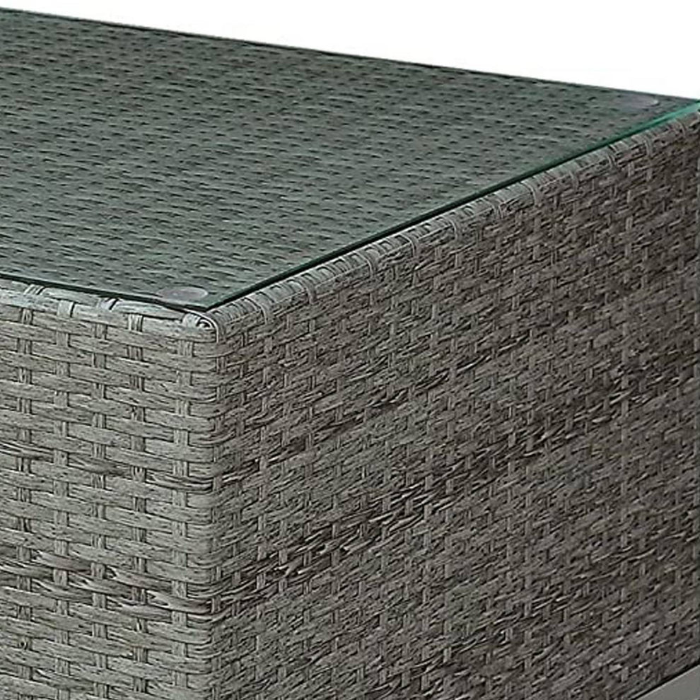 Woven Wicker Rectangular Coffee Table With Tempered Glass Tabletop, Gray By Benzara | Coffee Tables |  Modishstore  - 3