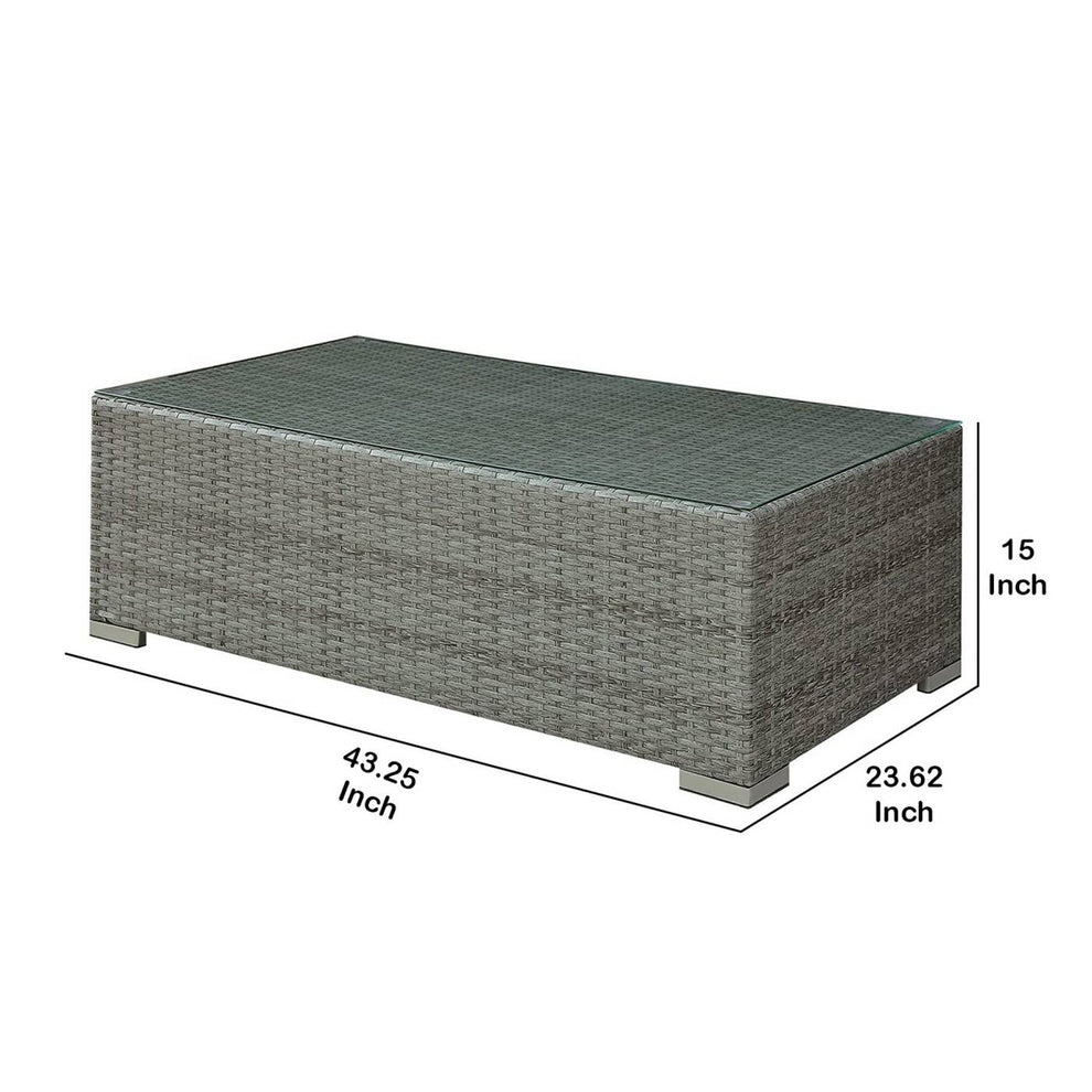Woven Wicker Rectangular Coffee Table With Tempered Glass Tabletop, Gray By Benzara | Coffee Tables |  Modishstore  - 2