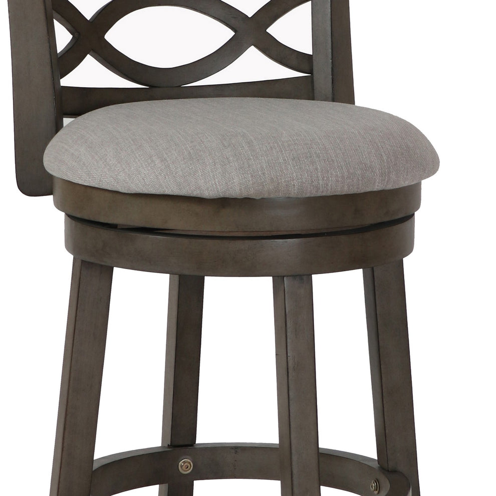 Curved Lattice Back Swivel Counter Stool With Fabric Seat, Antique Gray By Benzara | Stools | Modishstore - 3