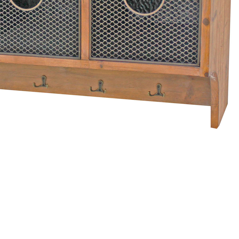 Wooden Wall Shelf With 4 Hooks And 3 Wire Baskets, Brown By Benzara | Wall Shelf |  Modishstore  - 3