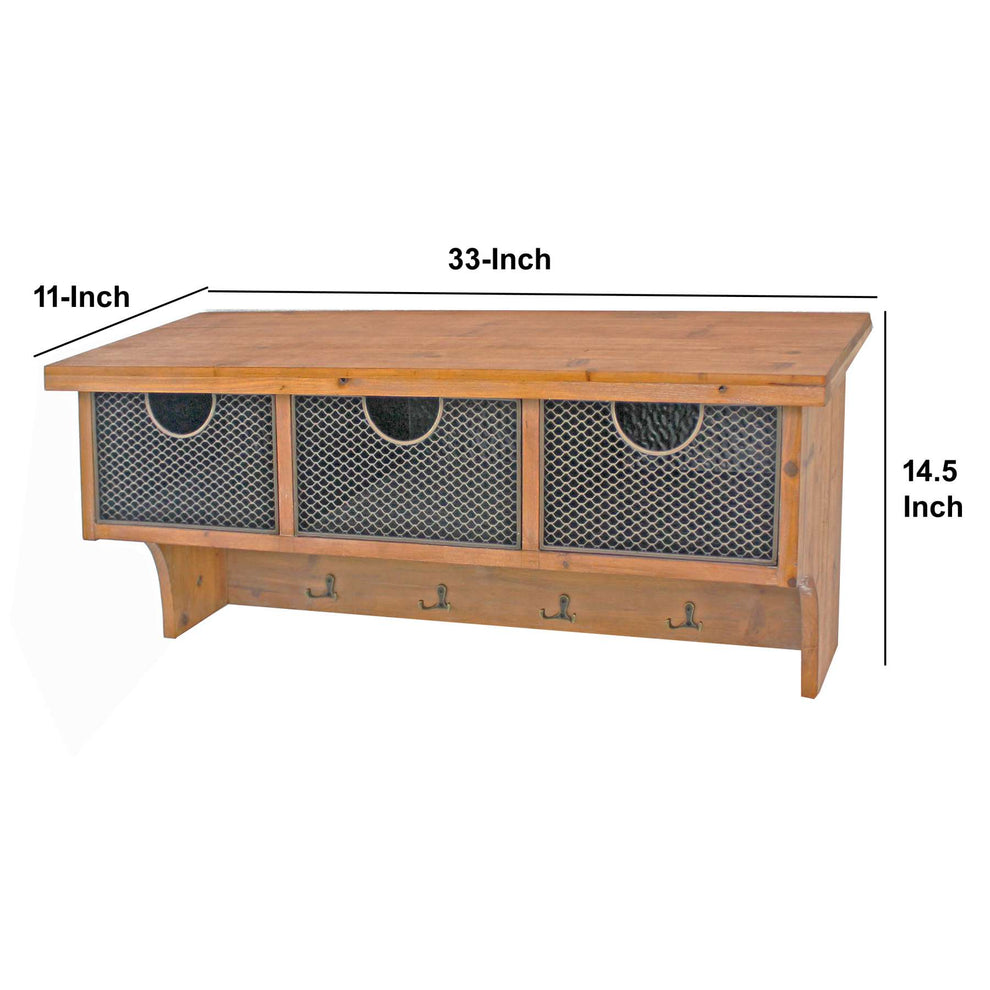 Wooden Wall Shelf With 4 Hooks And 3 Wire Baskets, Brown By Benzara | Wall Shelf |  Modishstore  - 2