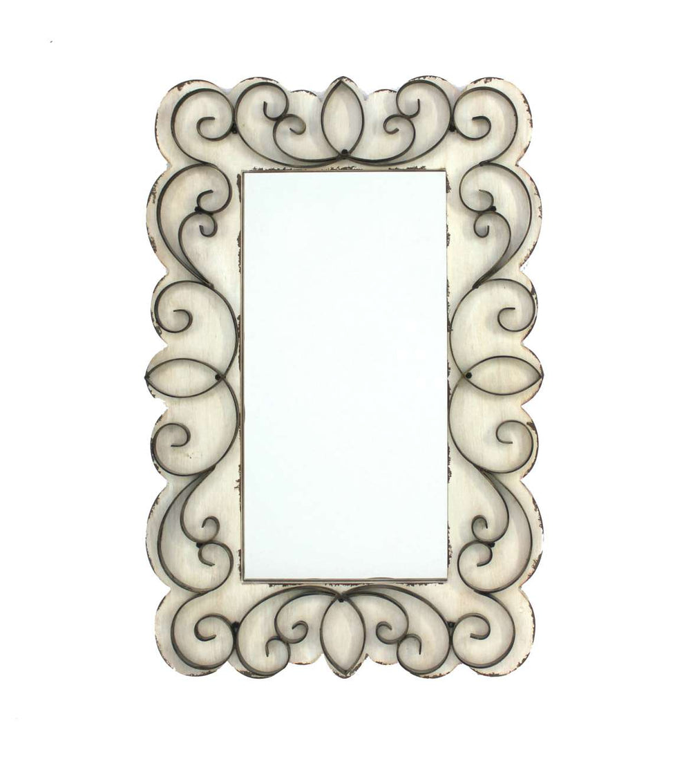 Rectangular Wall Mirror With Wooden Frame And Metal Scrolled Edges, White By Benzara | Mirrors |  Modishstore  - 6