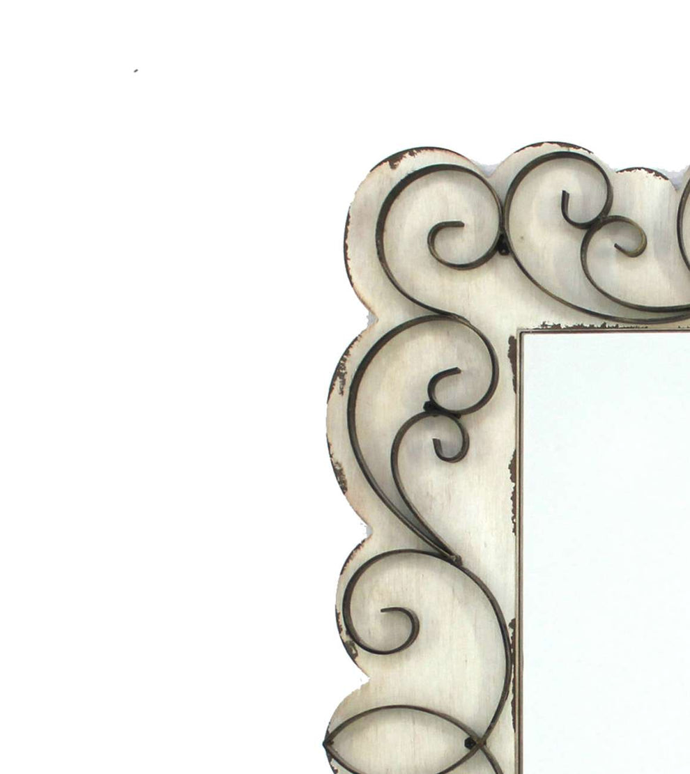 Rectangular Wall Mirror With Wooden Frame And Metal Scrolled Edges, White By Benzara | Mirrors |  Modishstore  - 5