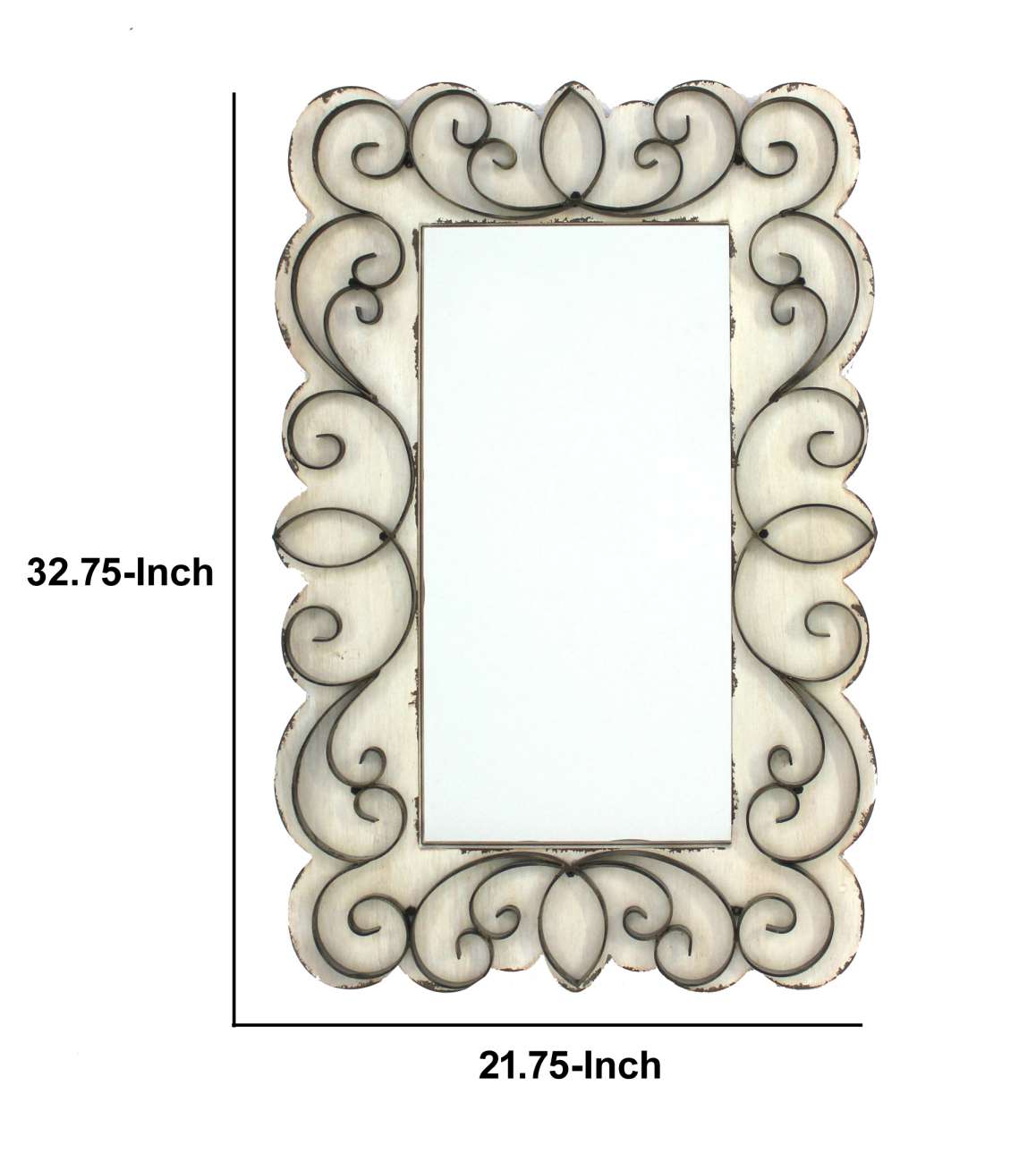 Rectangular Wall Mirror With Wooden Frame And Metal Scrolled Edges, White By Benzara | Mirrors |  Modishstore  - 2