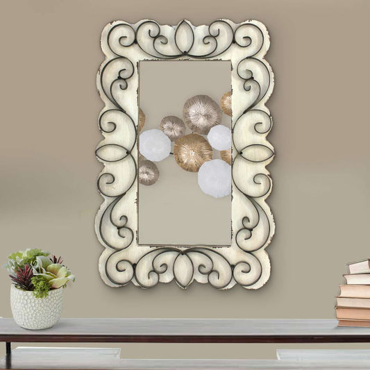 Rectangular Wall Mirror With Wooden Frame And Metal Scrolled Edges, White By Benzara | Mirrors |  Modishstore 