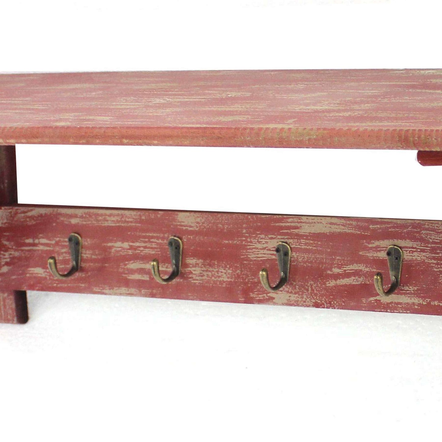 Wooden Wall Shelf With 4 Hooks And Carved Side Frames, Distressed Red By Benzara | Wall Shelf |  Modishstore  - 4