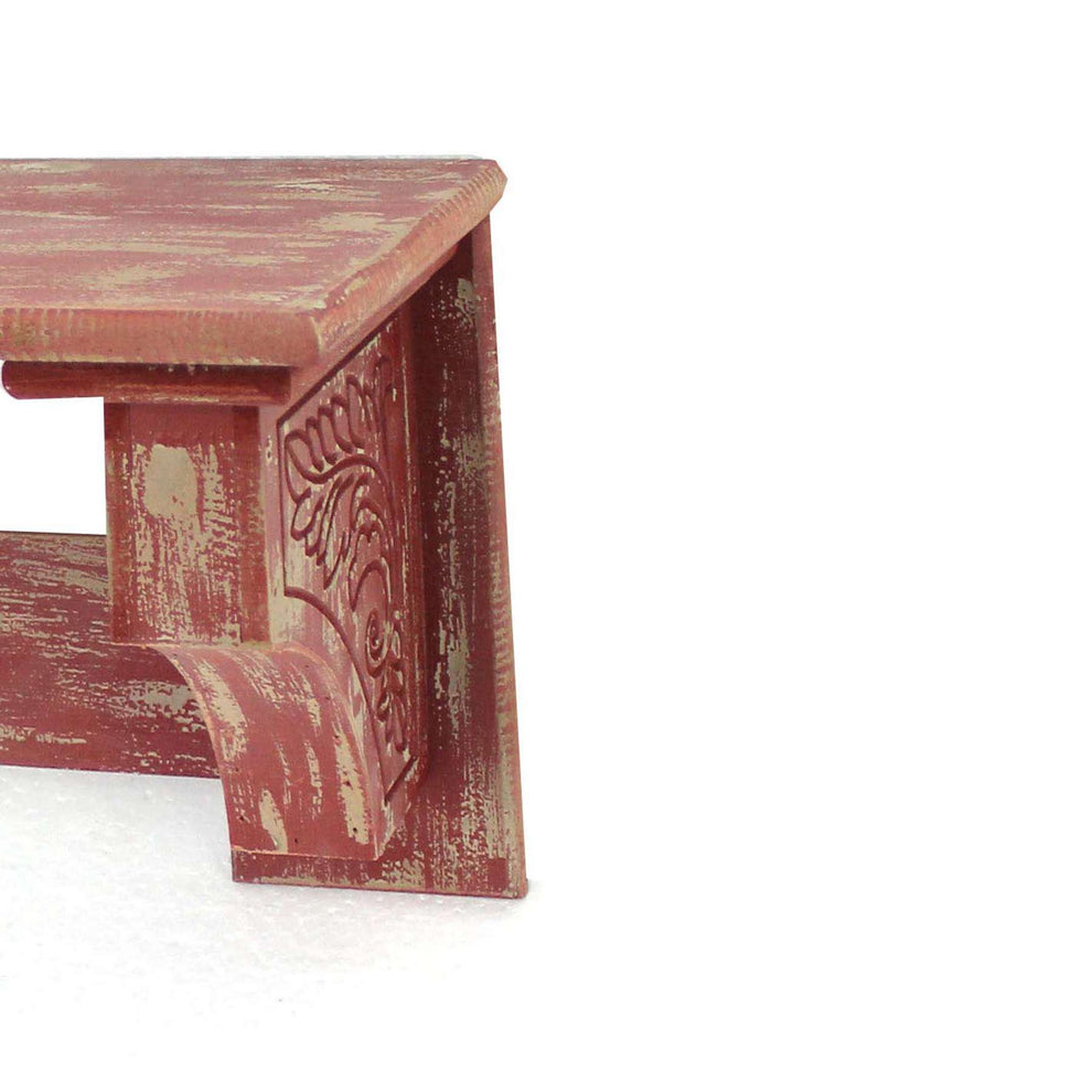 Wooden Wall Shelf With 4 Hooks And Carved Side Frames, Distressed Red By Benzara | Wall Shelf |  Modishstore  - 3