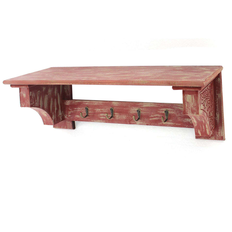 Wooden Wall Shelf With 4 Hooks And Carved Side Frames, Distressed Red By Benzara | Wall Shelf |  Modishstore 