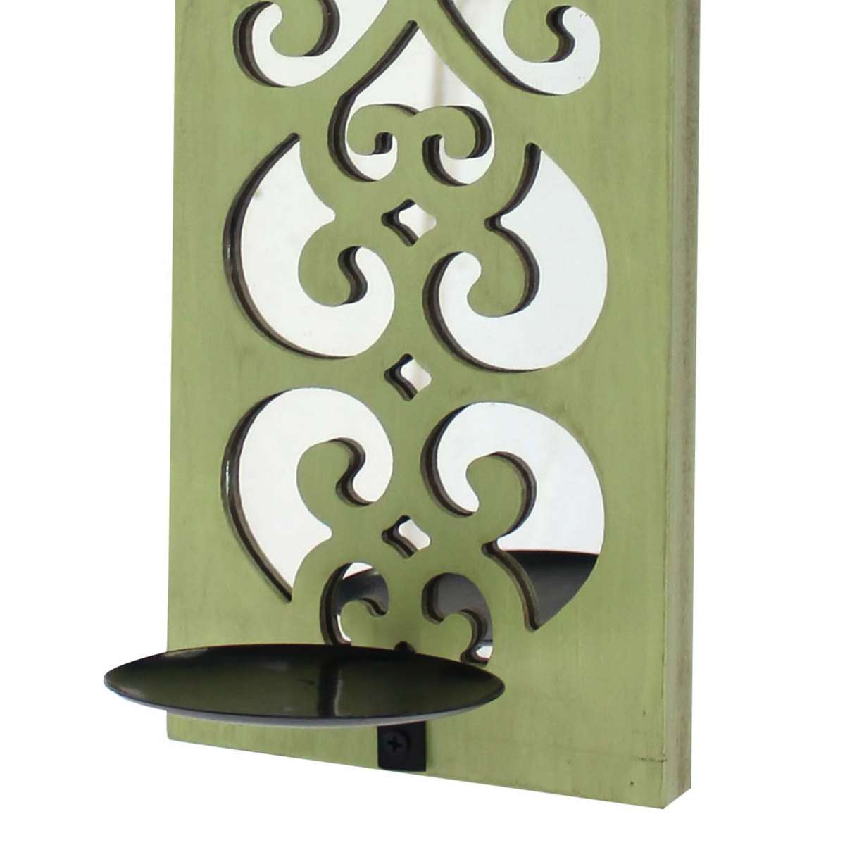 Quatrefoil Pattern Wooden Candle Holder With Mirror Insert, Green By Benzara | Candle Holders |  Modishstore  - 4