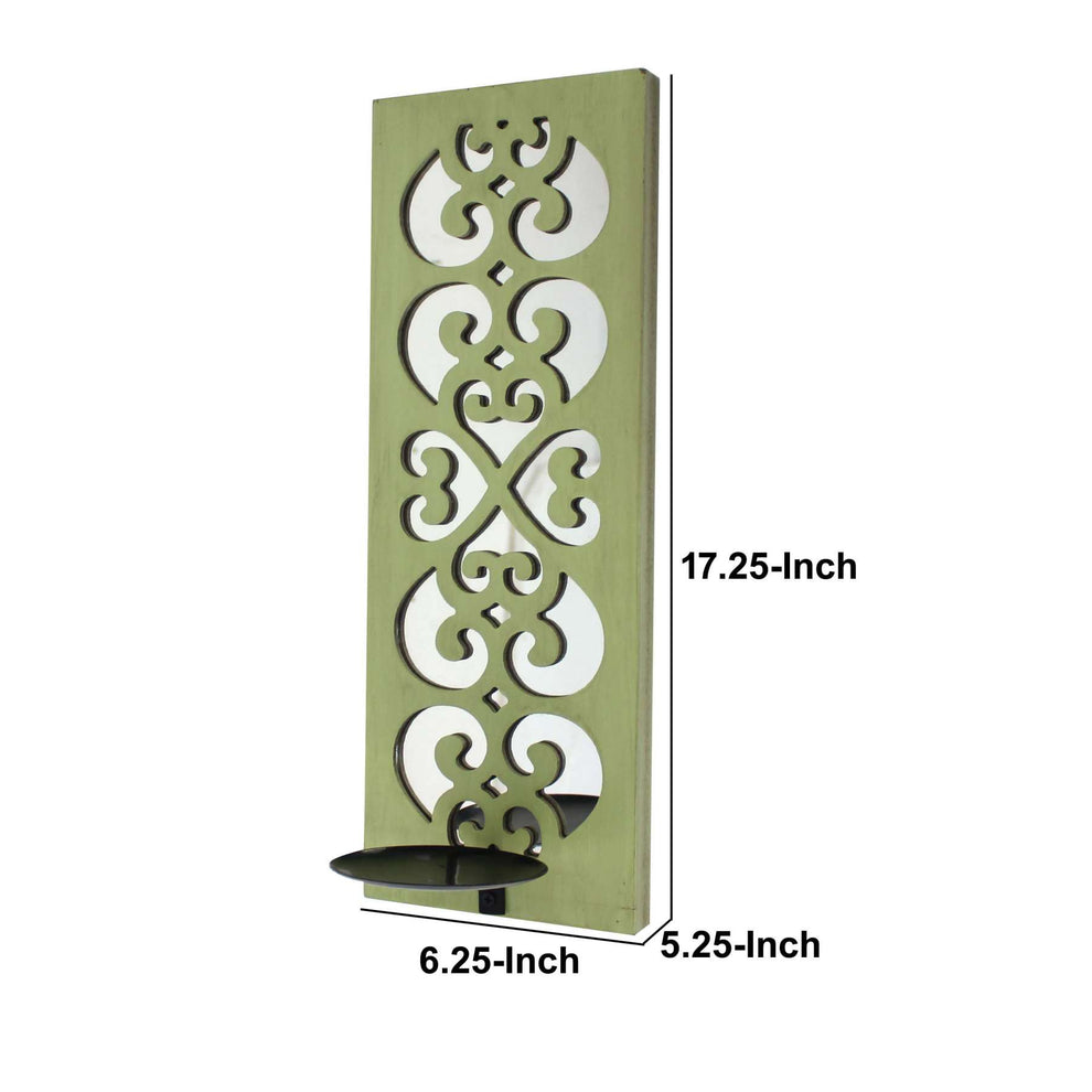 Quatrefoil Pattern Wooden Candle Holder With Mirror Insert, Green By Benzara | Candle Holders |  Modishstore  - 2