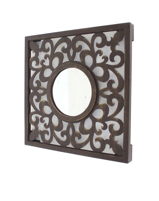 Wooden Frame Square Wall Mirror With Floral Cut Out Design, Espresso By Benzara | Mirrors |  Modishstore 