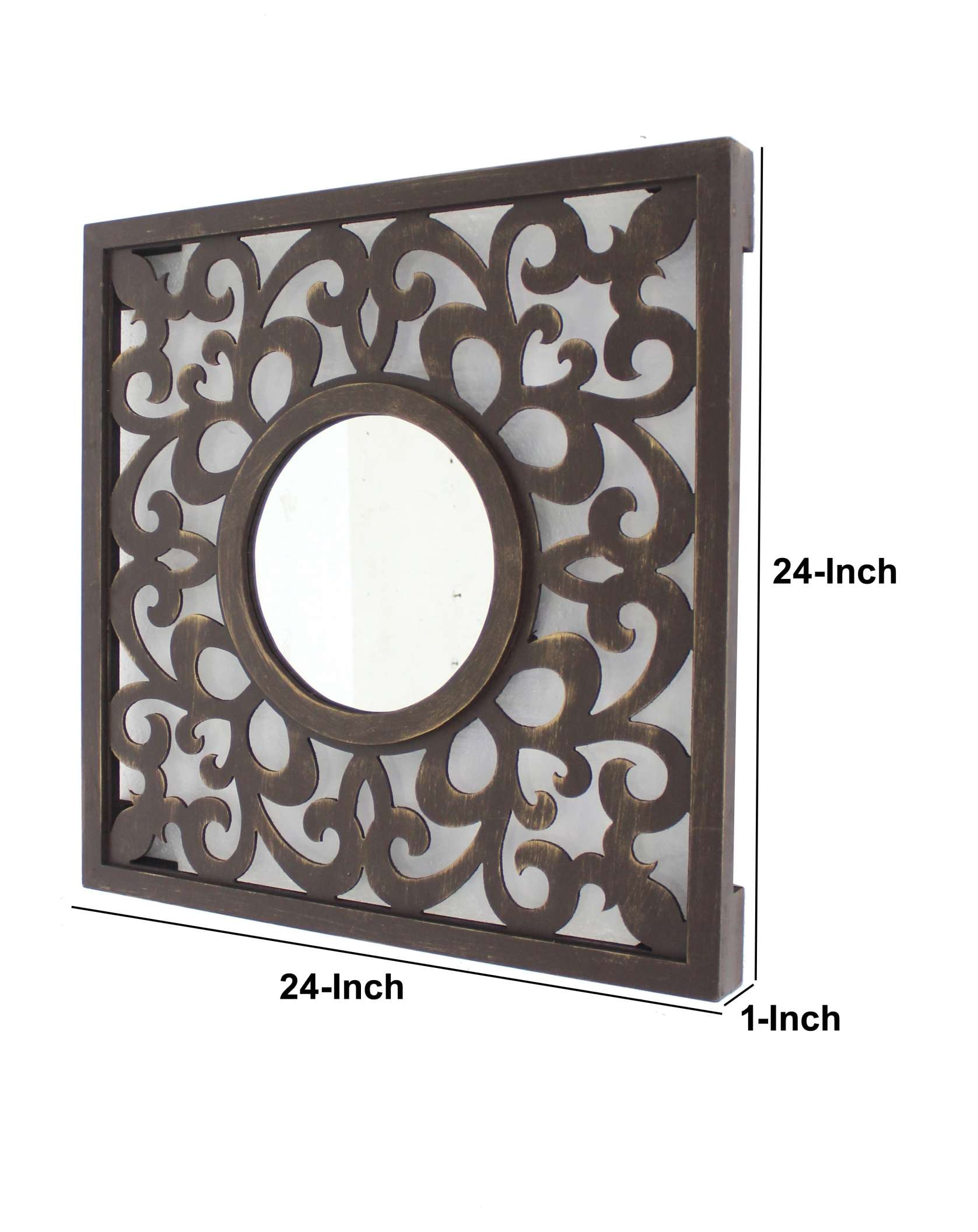 Wooden Frame Square Wall Mirror With Floral Cut Out Design, Espresso By Benzara | Mirrors |  Modishstore  - 2