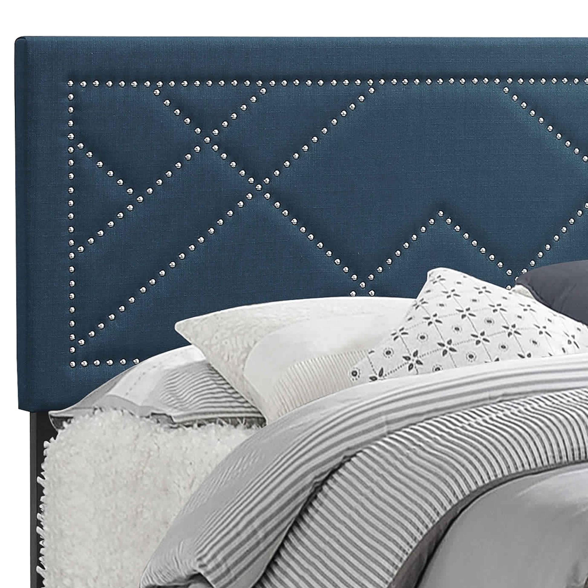 Fabric Eastern King Bed With Geometric Pattern Nailhead Trims, Teal Blue By Benzara | Beds | Modishstore - 3