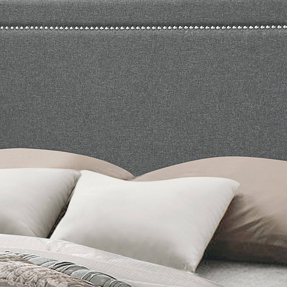 Fabric Eastern King Bed With Geometric Pattern Nailhead Trims, Gray By Benzara | Beds |  Modishstore  - 4