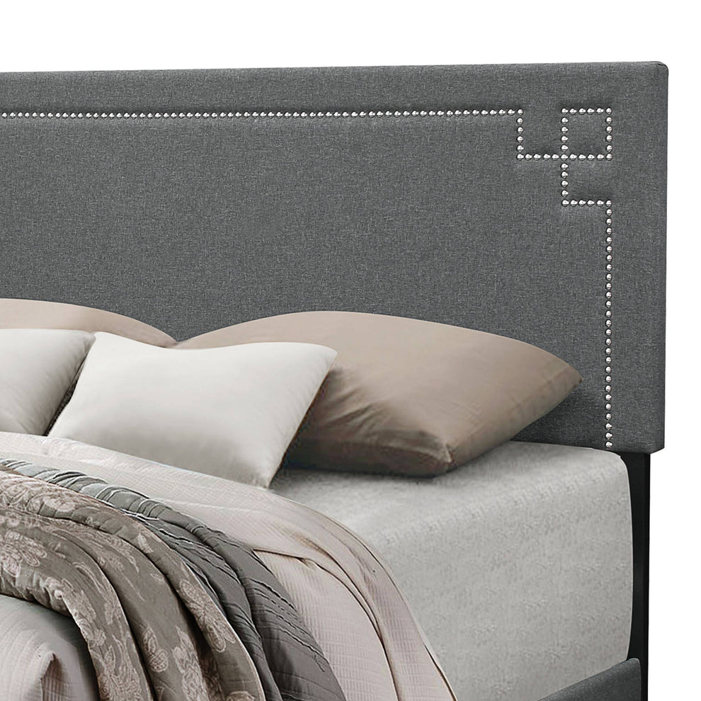 Fabric Eastern King Bed With Geometric Pattern Nailhead Trims, Gray By Benzara | Beds |  Modishstore  - 3