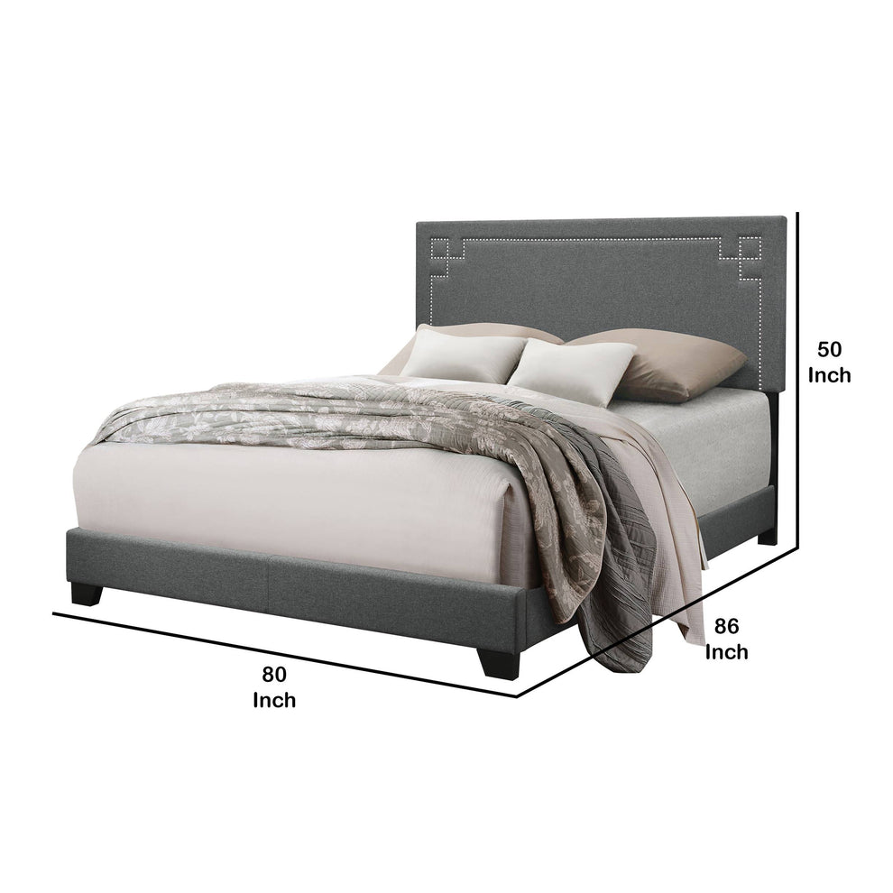Fabric Eastern King Bed With Geometric Pattern Nailhead Trims, Gray By Benzara | Beds |  Modishstore  - 2