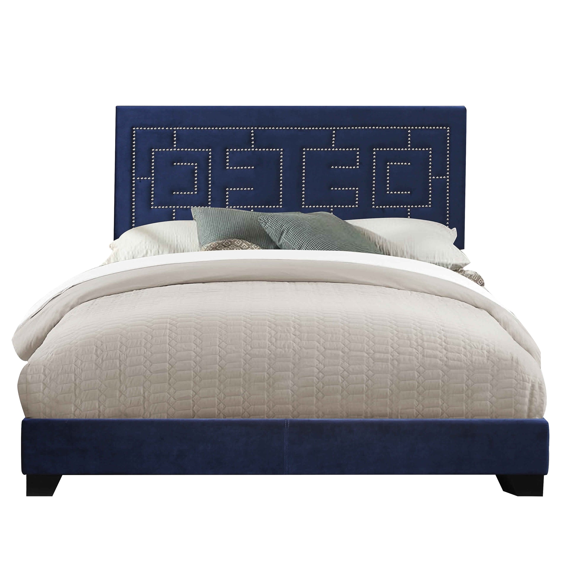 Fabric Eastern King Bed With Geometric Pattern Nailhead Trims, Blue By Benzara | Beds | Modishstore