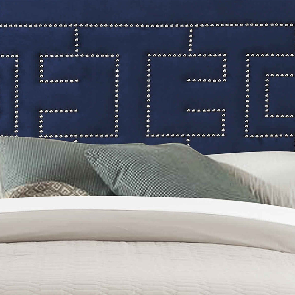 Fabric Eastern King Bed With Geometric Pattern Nailhead Trims, Blue By Benzara | Beds | Modishstore - 3