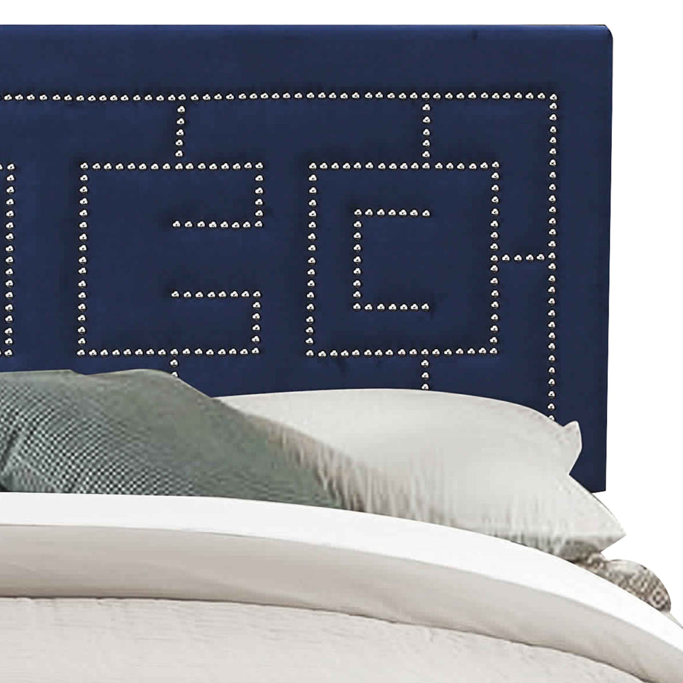 Fabric Eastern King Bed With Geometric Pattern Nailhead Trims, Blue By Benzara | Beds | Modishstore - 4