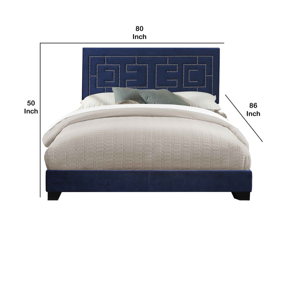 Fabric Eastern King Bed With Geometric Pattern Nailhead Trims, Blue By Benzara | Beds | Modishstore - 5