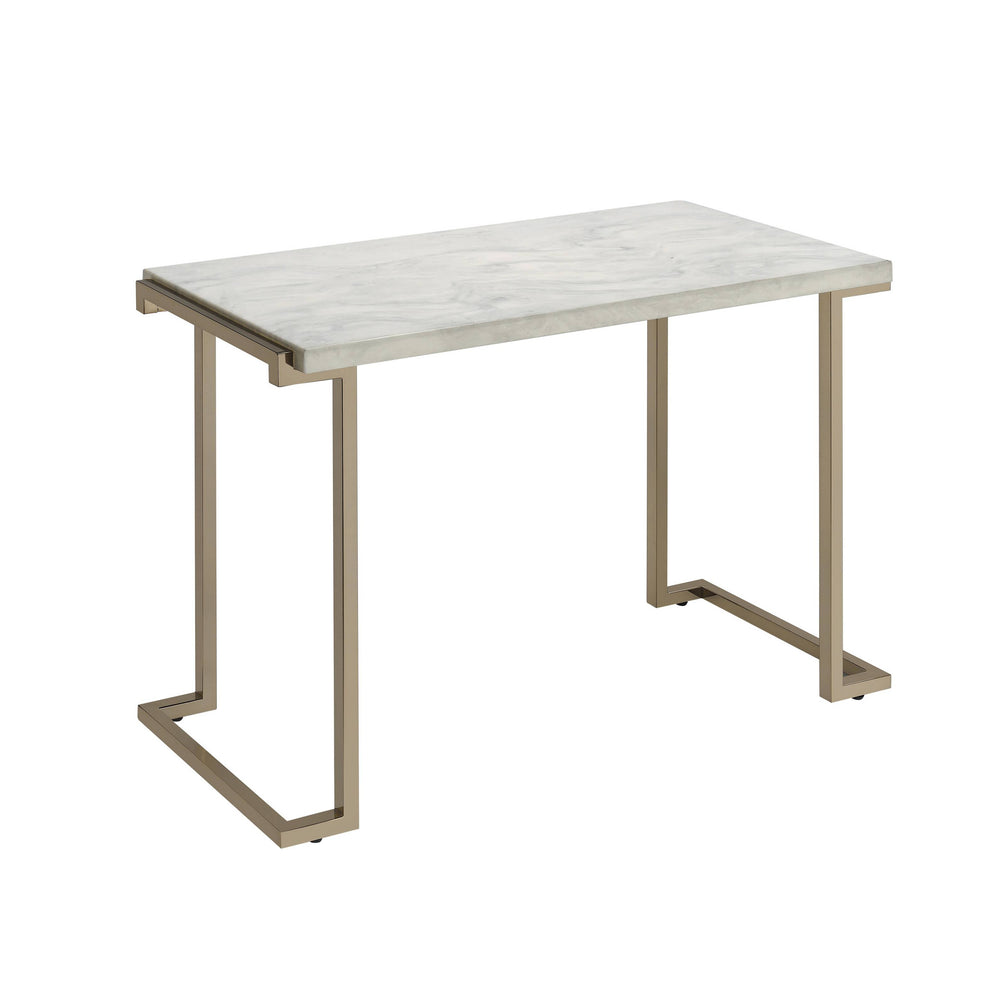 Contemporary Metal Frame Sofa Table With Faux Marble Top ,White And Gold By Benzara | Side Tables |  Modishstore  - 2