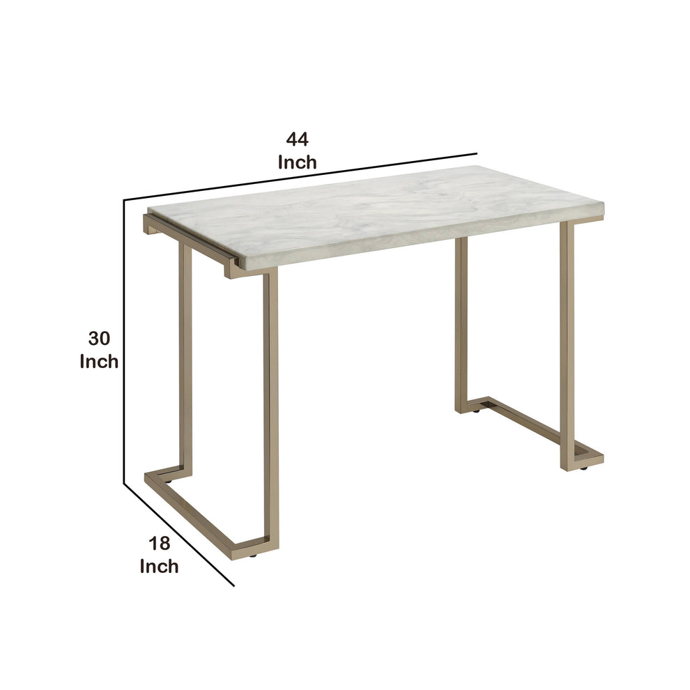Contemporary Metal Frame Sofa Table With Faux Marble Top ,White And Gold By Benzara | Side Tables |  Modishstore  - 3