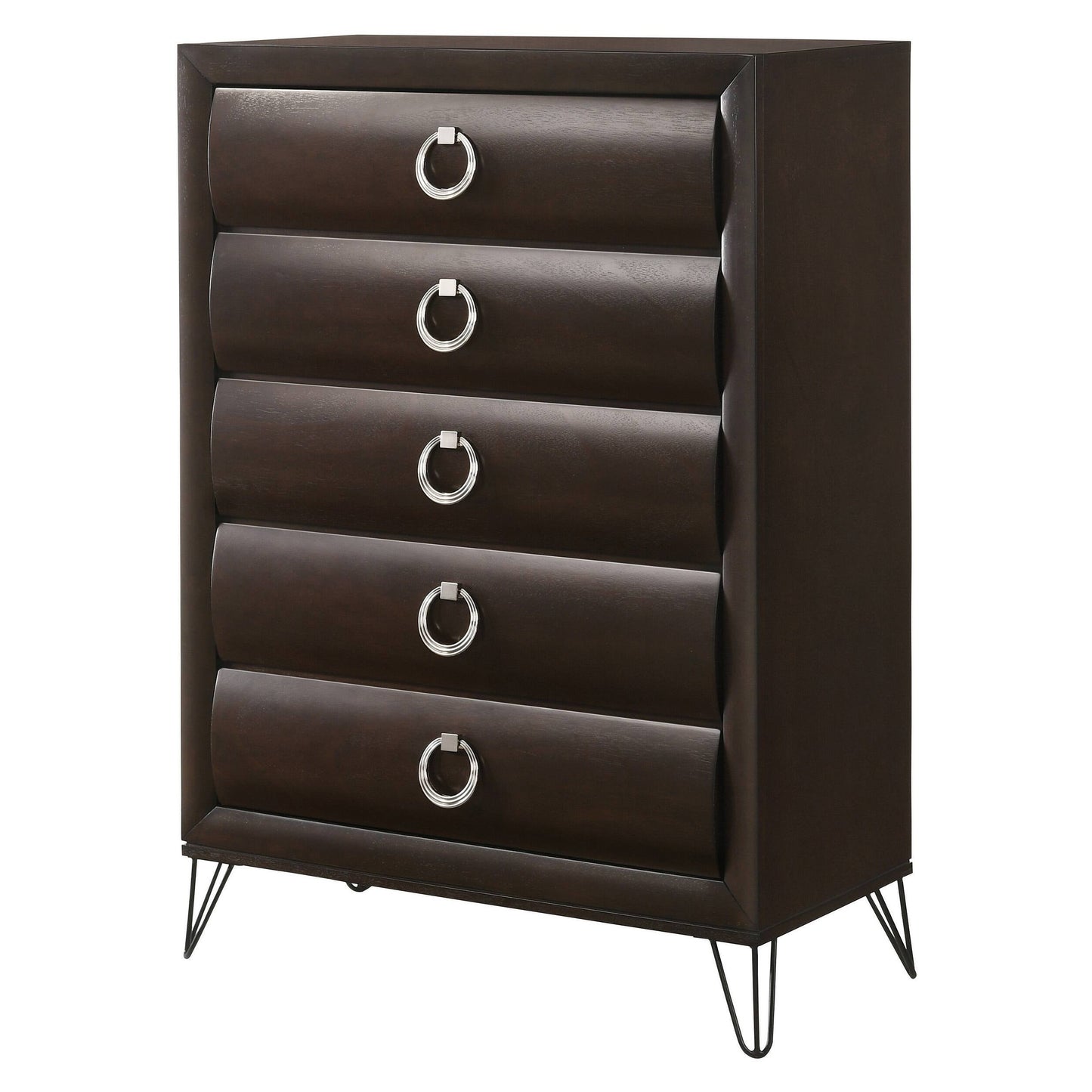 5 Drawer Wooden Chest With Metal Ring Handles And Harpin Legs, Brown By Benzara | Cabinets | Modishstore