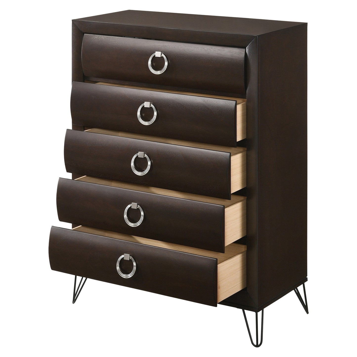 5 Drawer Wooden Chest With Metal Ring Handles And Harpin Legs, Brown By Benzara | Cabinets | Modishstore - 2