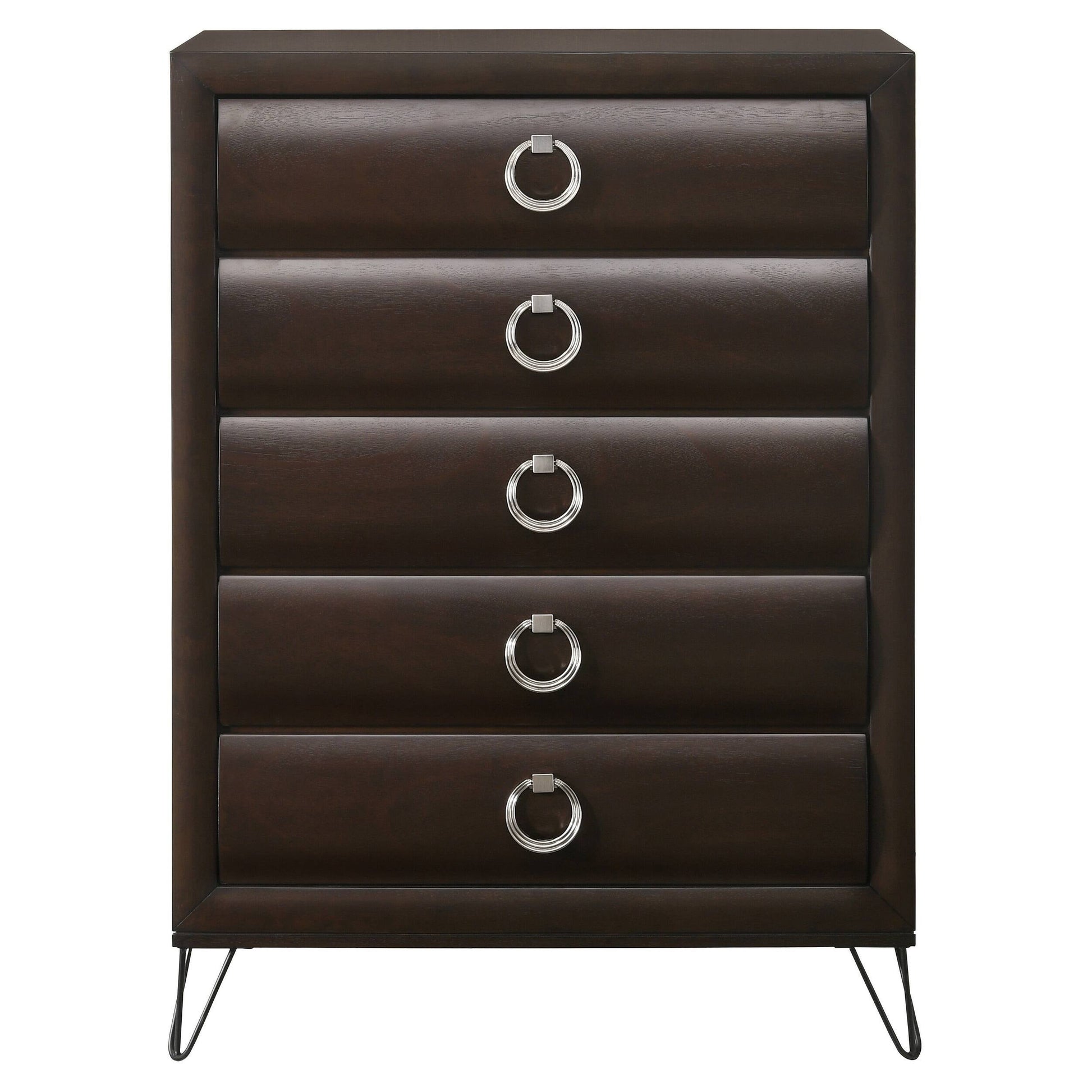 5 Drawer Wooden Chest With Metal Ring Handles And Harpin Legs, Brown By Benzara | Cabinets | Modishstore - 3