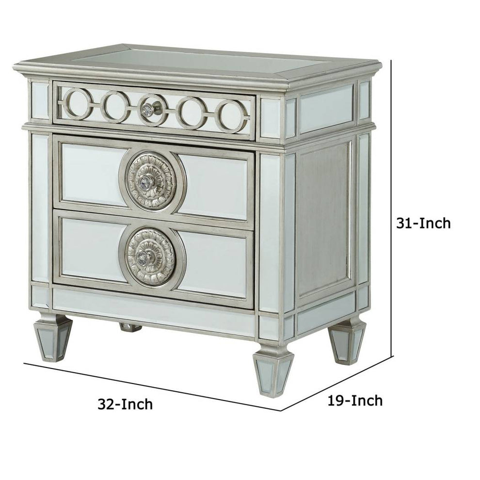 Mirror Accented Wooden Nightstand With 3 Storage Drawers, Silver By Benzara | Nightstands |  Modishstore  - 3