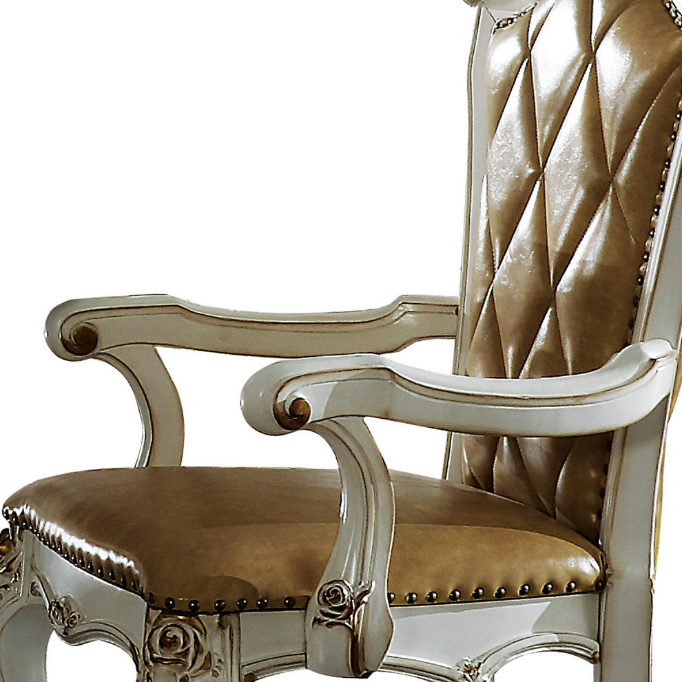 Wood And Leather Dining Chairs With Armrests, Set Of 2, White And Brown By Benzara | Dining Chairs | Modishstore - 3