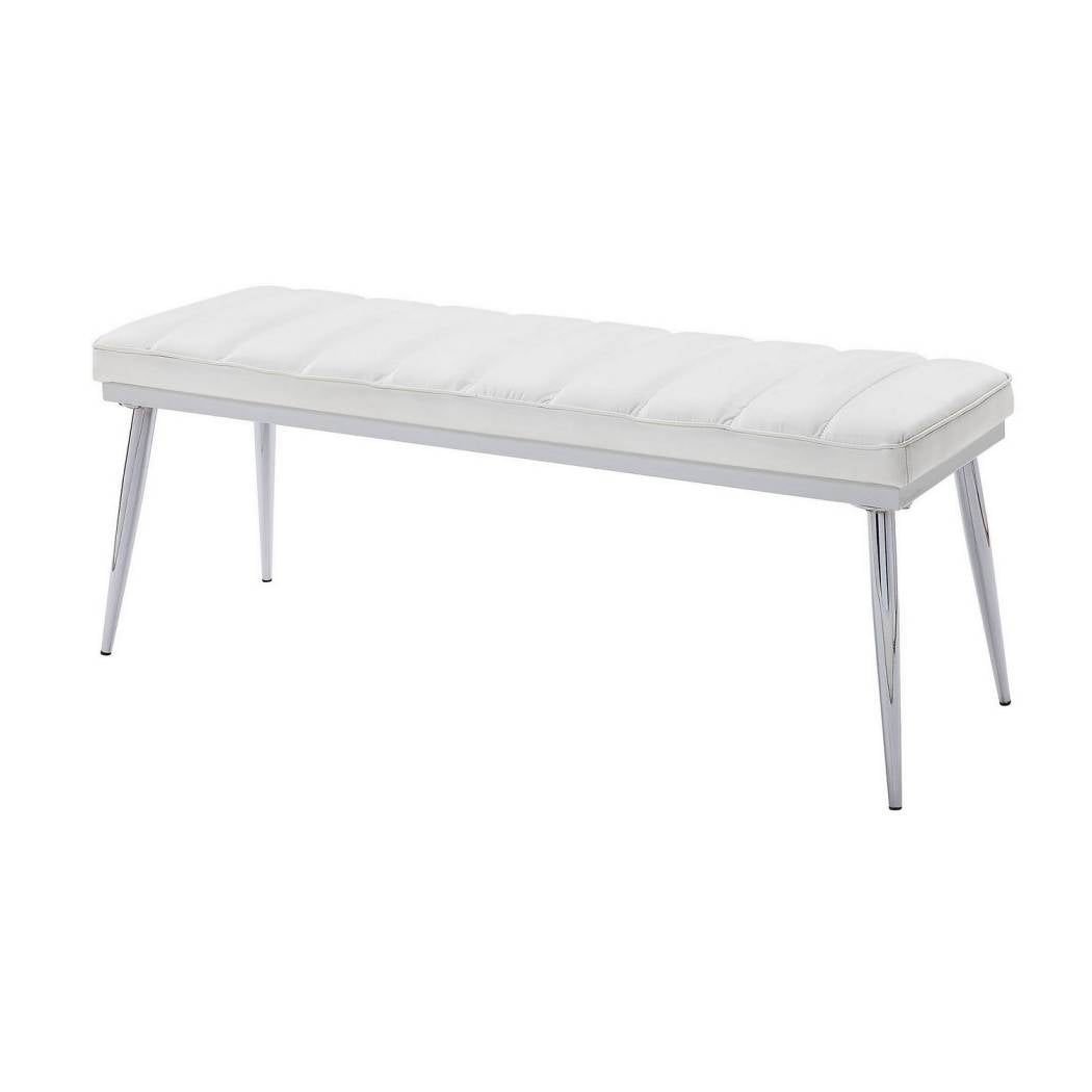 Metal And Faux Leather Bench With Vertical Chanel Tufts, White And Chrome By Benzara | Benches |  Modishstore  - 2