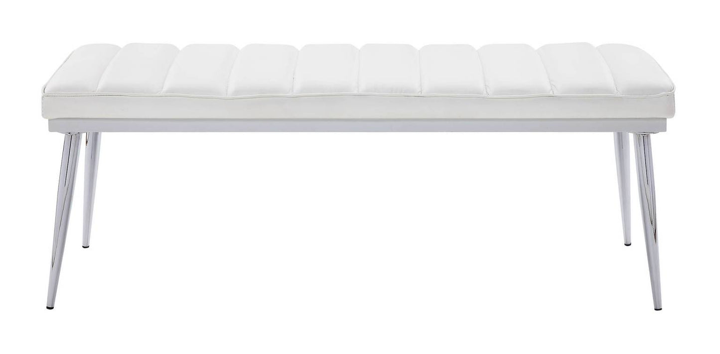 Metal And Faux Leather Bench With Vertical Chanel Tufts, White And Chrome By Benzara | Benches |  Modishstore 